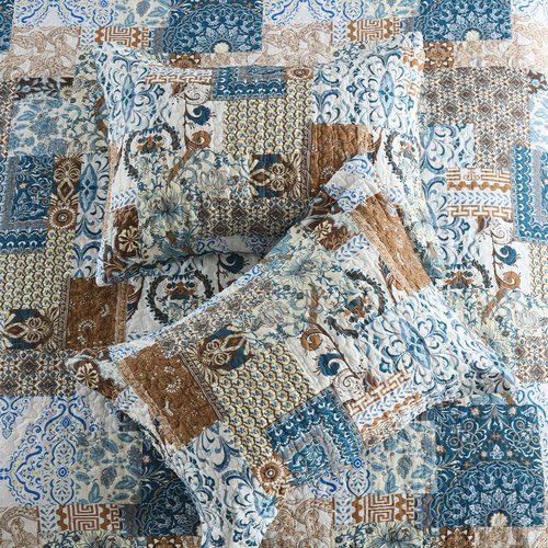 ENASAL Cotton Bedspread Quilt Bedding Sets Reversible Coverlet Comforters Blue Bohemian Rustic Floral Patchwork Pattern Bedspread for All Season,Queen Size