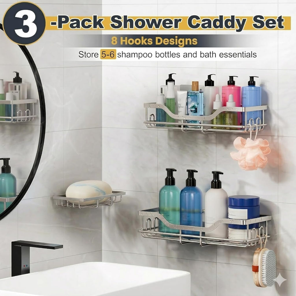 OMAIRA Shower Caddy - 3-Pack Rustproof Organizer with Soap Holder for Smooth Walls & Glass Tile - Silver (Large)
