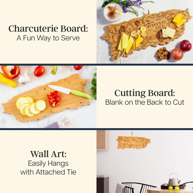 Totally Bamboo Destination Puerto Rico Shaped Cutting Board – Bamboo Charcuterie and Serving Board with Hang Tie for Wall Display