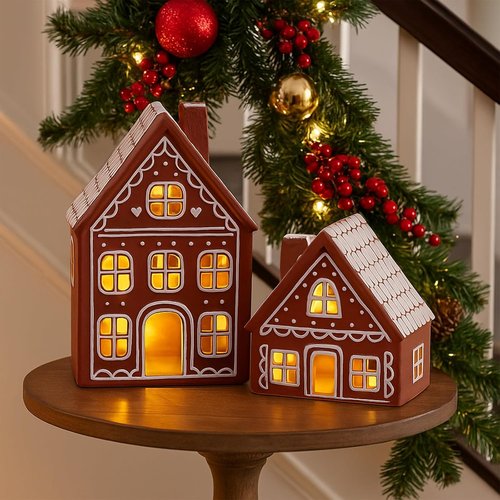 Funnymoom Lighted Ceramic Iced Gingerbread Houses - Pre-Lit LED Christmas Tabletop Decor | 2 Sets