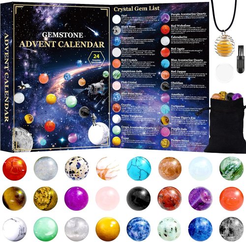 Hiawbon Gemstone Advent Calendar 2025 - Crystal Healing Rocks with Keychain Necklace | 24-Day Countdown