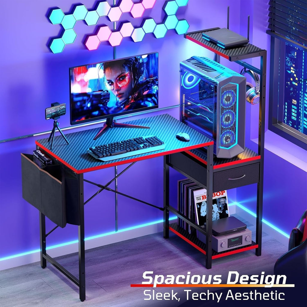 Bestier Gaming Desk with Drawer, 44 Inch Small Computer Desk with PC Shelf, Gaming Table with LED Lights for Small Spaces, Reversible Gamer Desk with Storage Bag & Side Hook, Black-RED