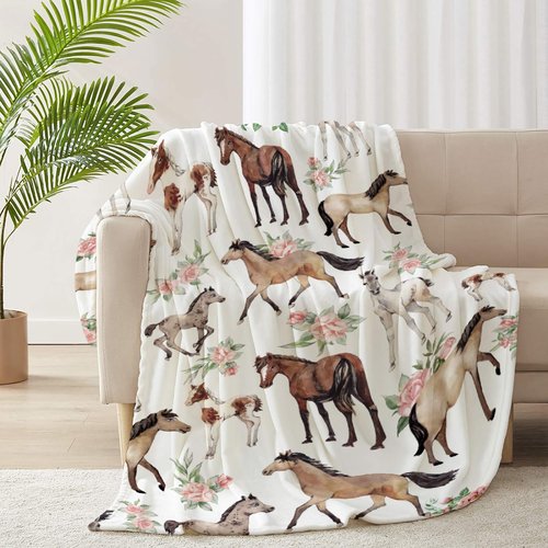 AUSMART Horse Rose Throw Blanket for Women Men Flowers Blanket Gifts for Adults Cute Horses Lightweight Blanket 60X80 Inches for Bed All Season
