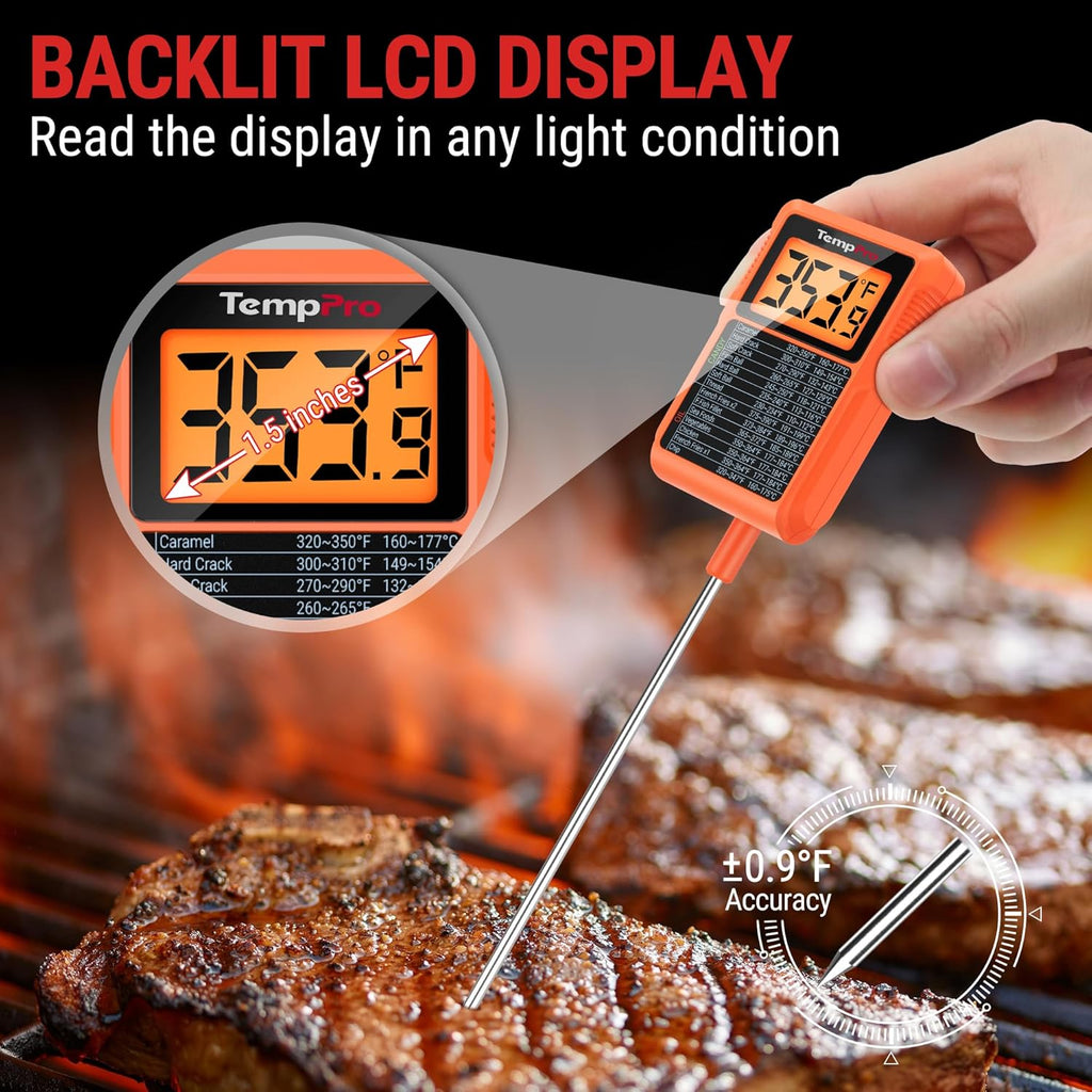 TempPro Waterproof Digital Candy Thermometer - Instant Read 10" Long Probe for Cooking & BBQ