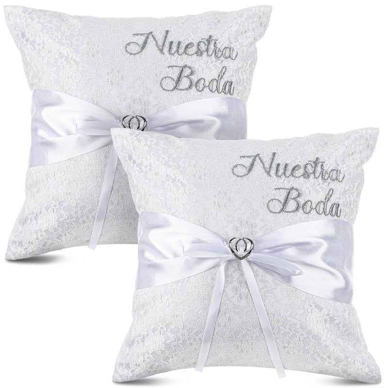 Mixweer 2pcs Wedding Embroidered Kneeling Pillows Nuestra Boda 18 x 18 Inch Embroidered Prayer Pillow Satin and Lace Kneeling White/Silver, Cojines para Boda, Decoracion (18",Without Pillow)