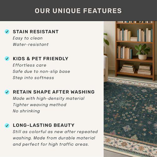 Dark Green Kitchen Rug - Modern Vintage Boho Floral Design | Washable Low Pile Non-Slip Runner for Entryway