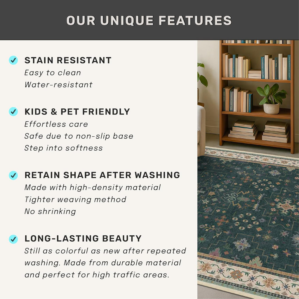 Oushak Dark Green 2x4 Entryway Rug - Modern Vintage Boho Floral Design, Washable Non-Slip Small Area Mat