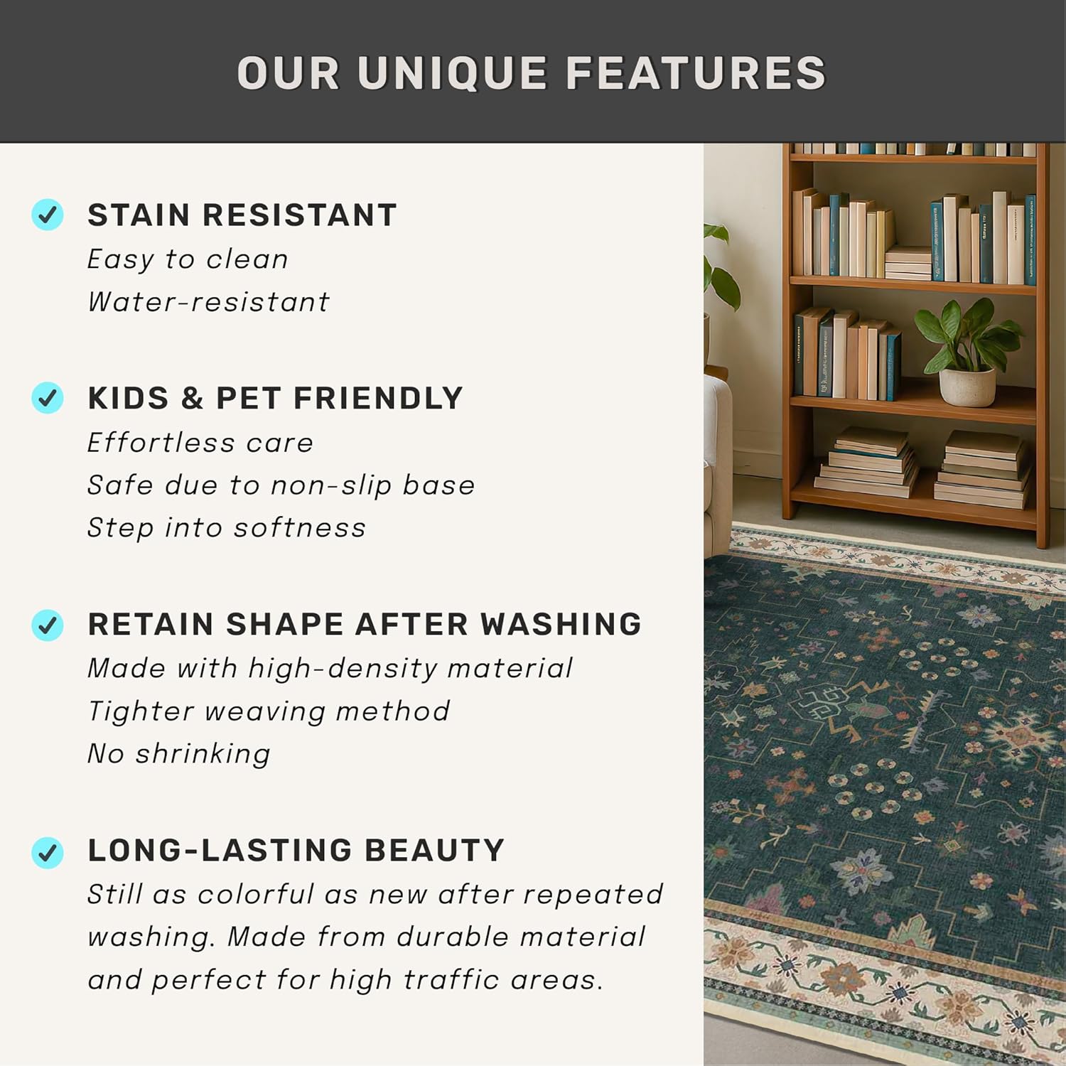 Oushak Dark Green 2x4 Entryway Rug - Modern Vintage Boho Floral Design, Washable Non-Slip Small Area Mat