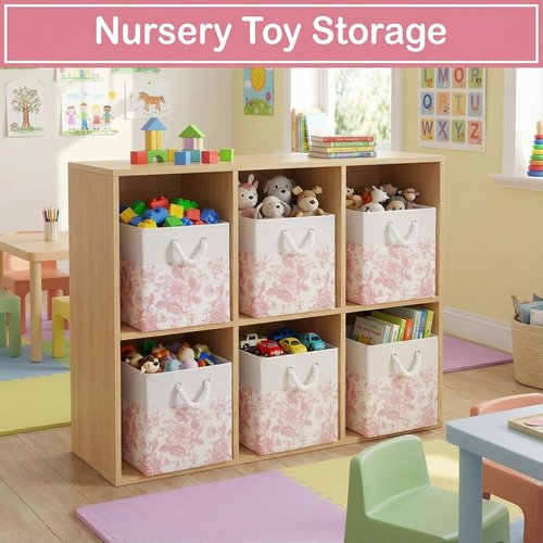 LemonRoad Pink Floral Cube Storage Bins - 6 Pcs Collapsible Fabric Organizers | 11.22 Inch Square Baskets