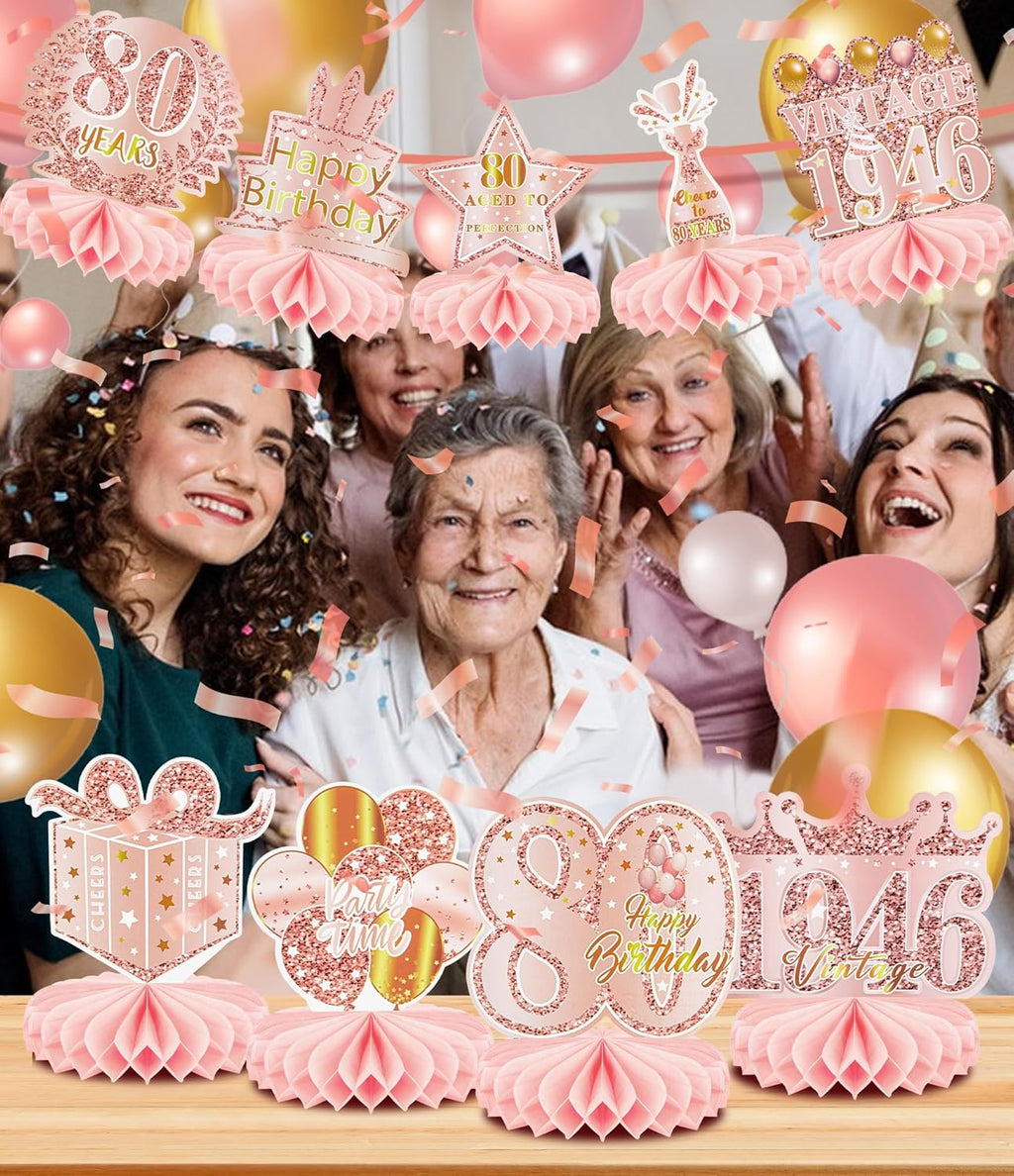 Regine Switzerland 80th Birthday Decorations - 9 Pcs Rose Gold Honeycomb Centerpieces | Cheers to 80 Years