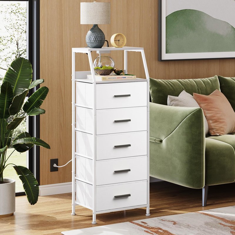 NASHZEN Nightstand 5 Drawer Dresser with Charging Station, Side Table with Fabric Drawers, End Table with Open Shelf, Tall Dresser for Bedroom, Hallway, Entryway