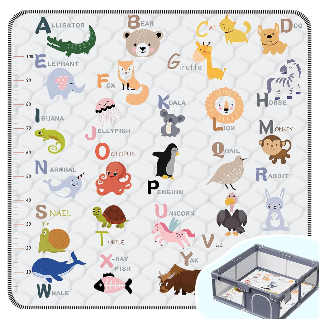 Skiennix Baby Play Mat - Thick Soft Non-Slip 50" x 50" Crawling Mat for Infants & Toddlers | Machine Washable (Animal Alphabet-A)