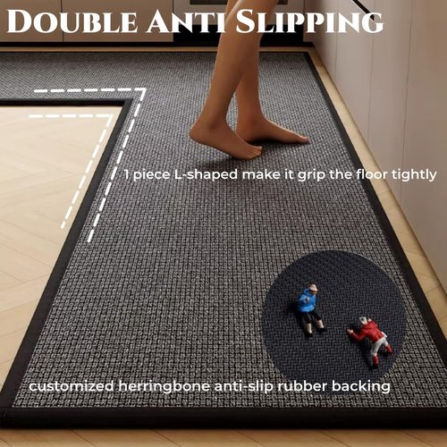 L Shape Kitchen Mat, Anti-slip Corner Kitchen Mats for Floor, 1 Piece L Shape Rug, Absorbent Runner in Front of Sink, Washable Floor Rugs for Home,Kitchen,Office(Black/Brown Right-L,3'11" x 2'7")