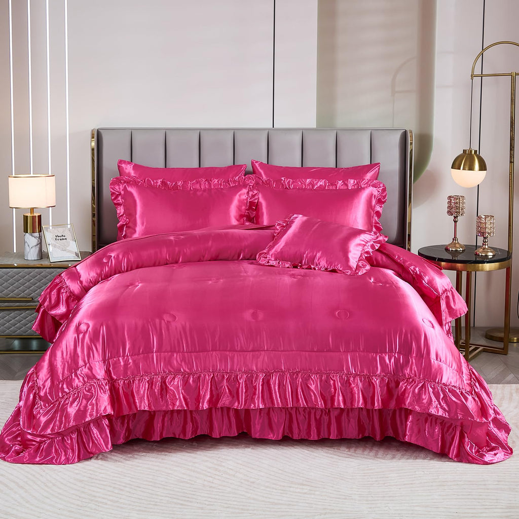 Satin Comforter Set with Sheets,Queen Bed Set,Hot Pink Comforter Set,Bed Room Decor Aesthetic,Silk Like Satin Bedding,8-Piece Ruffle Comforter Bed in a Bag Set, Pink Aesthetic Bedding Set