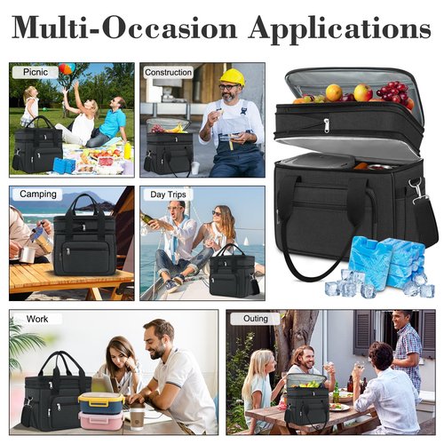 Coobiiya 23L Large Expandable Insulated Lunch Bag Cooler Bag，Lunch Box for Men Double Deck Leakproof，Heavy Duty LunchBag with 4 Ice Packs&10 Snack Cooler Bags for Camping, Travel, Kayaking & Beach