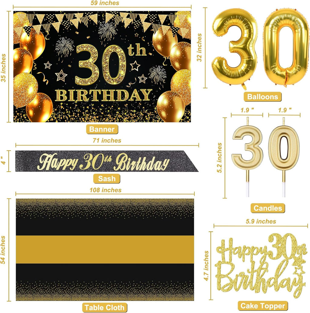 Regine Switzerland 30th Birthday Decorations - Black & Gold Banner, Table Cloth, Balloons & Cake Topper