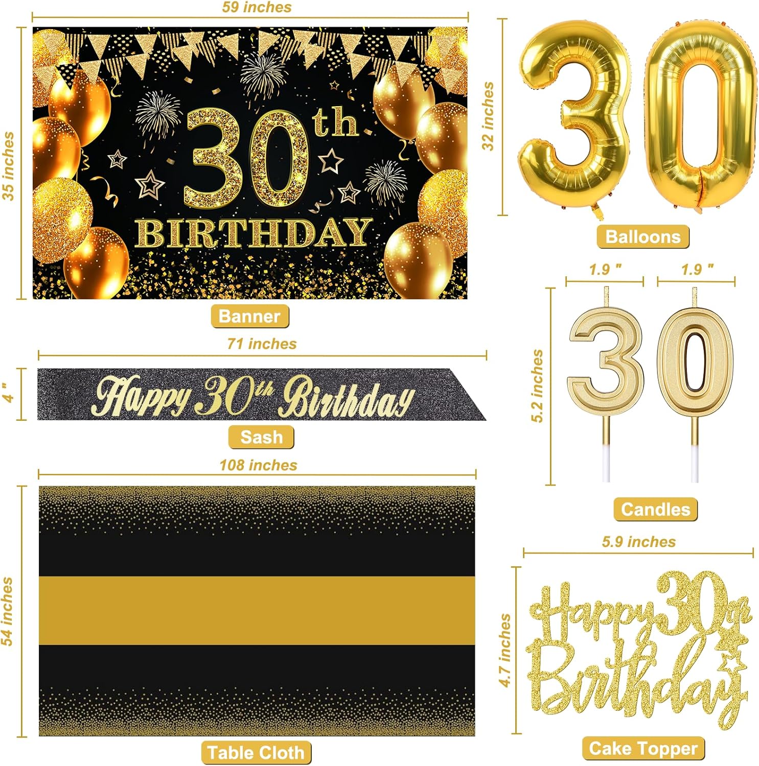 Regine Switzerland 30th Birthday Decorations - Black & Gold Banner, Table Cloth, Balloons & Cake Topper