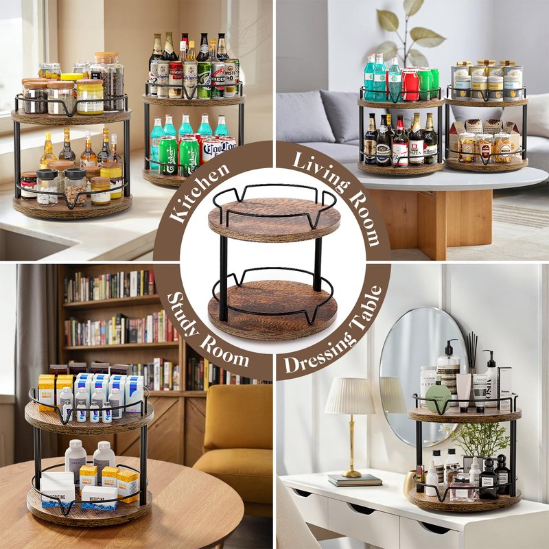 2 Pack 2 Tier Lazy Susan Organizer Wooden Rotating Spice Rack Spice Rack for Countertop 2 Tier Spice Turntable Organizer for Kitchen Countertop and Cabinet Compact and Versatile, Rustic Brown