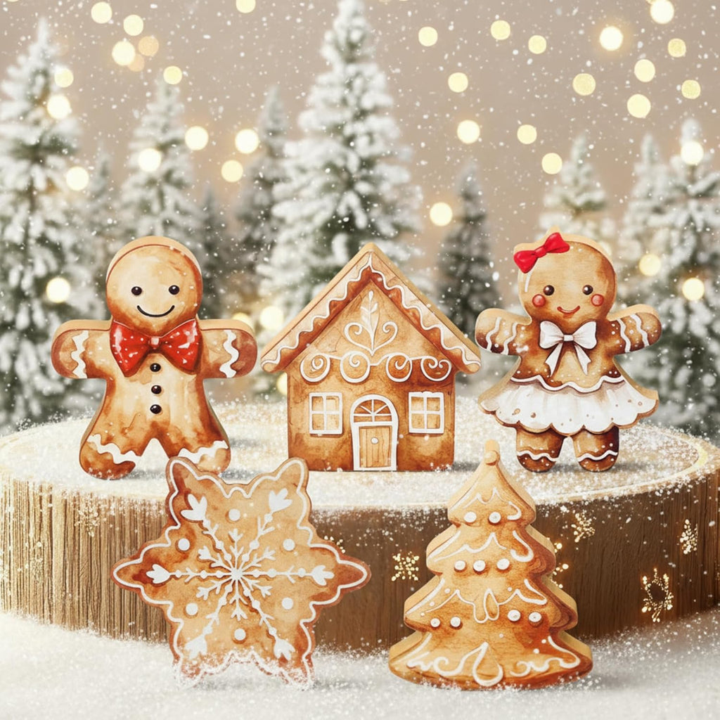 Threehoney Gingerbread Christmas Decorations - 5 Pcs Cute Wooden Table Decor for Home & Office