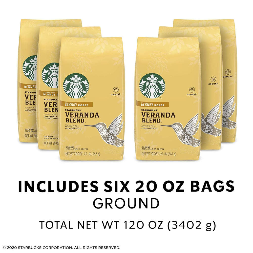 Starbucks Veranda Blend Ground Coffee - Smooth & Light Roast, 20-Ounce Bags | Pack of 6