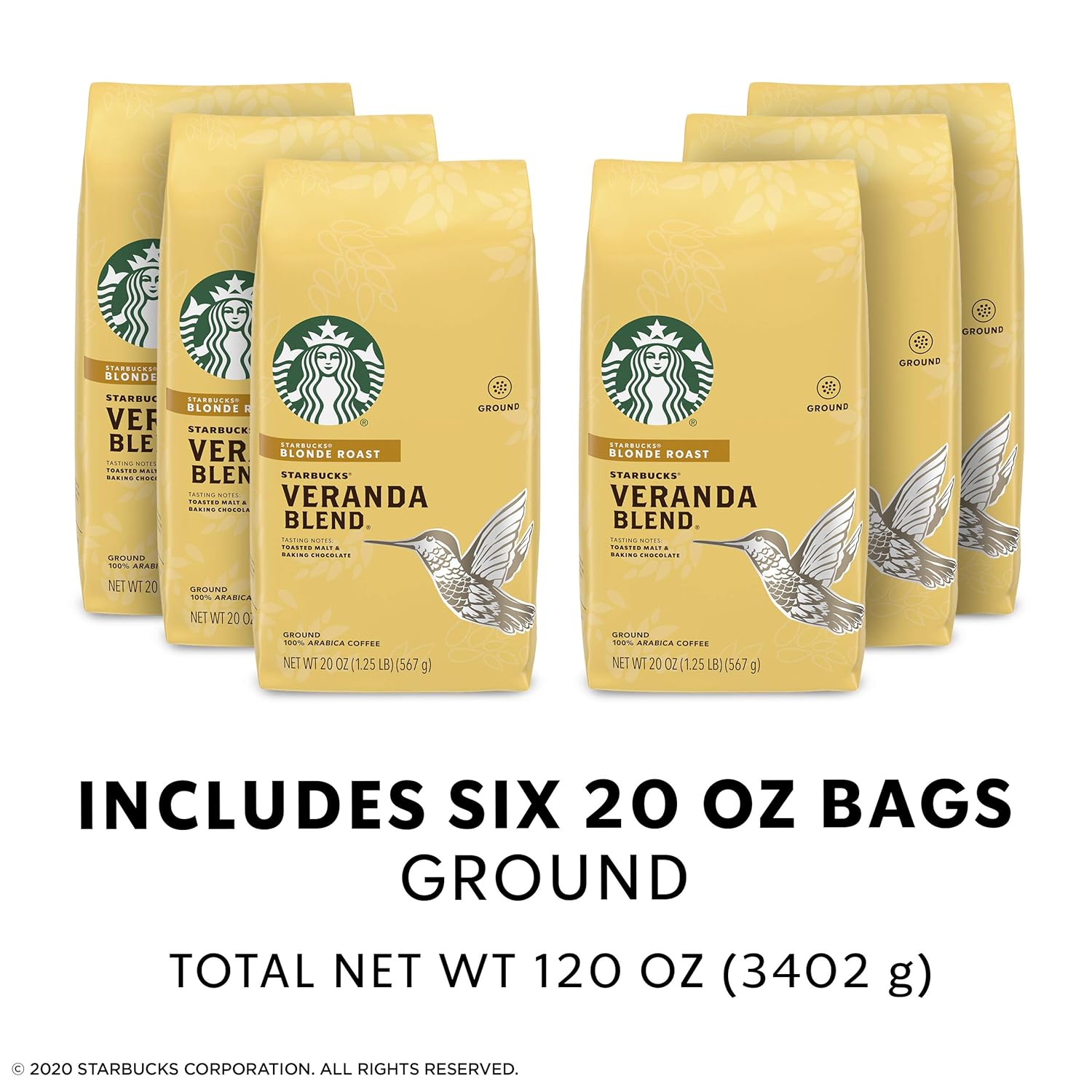 Starbucks Veranda Blend Ground Coffee - Smooth & Light Roast, 20-Ounce Bags | Pack of 6