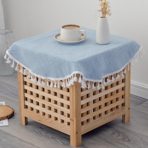 YZKITM Linen Small Round Tablecloth 24 Inch Light Blue Washable Wrinkle Resistant Table Cover with Tassels Farmhouse Decorative Burlap Fabric Table Cloths for Nightstand Wedding Camping Party Holiday