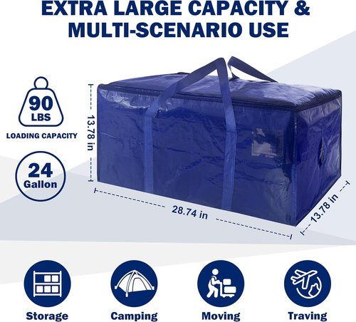 8 Pack Extra Heavy Duty Moving Bags by [Brand Name] - Strong Zipper & Handles | 24 Gallon Dark Blue Storage Totes