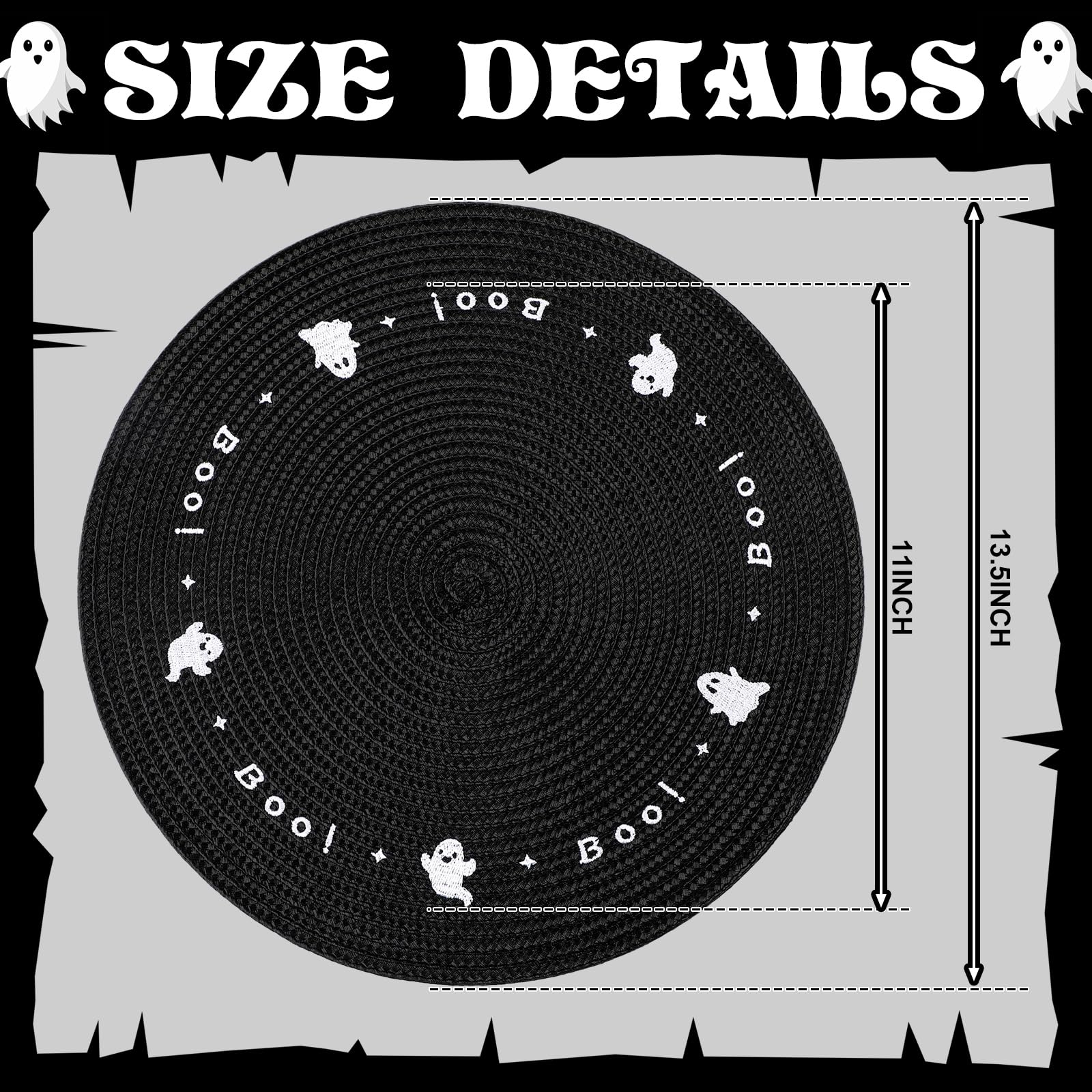 Tioncy 6 Pcs Plastic Halloween Placemats Round Embroidered Ghost Place Mats 13.5 Inch Black Spooky Ghosts Dinner Washable Table Mats Kitchen Dining Waterproof Placemats for Halloween Party Decoration