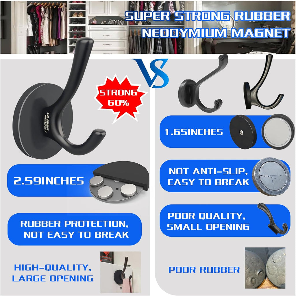 ULIBERMAGNET Heavy Duty Magnetic Double Hooks - Sturdy Coat & Towel Holders, 2 Pack (Black)