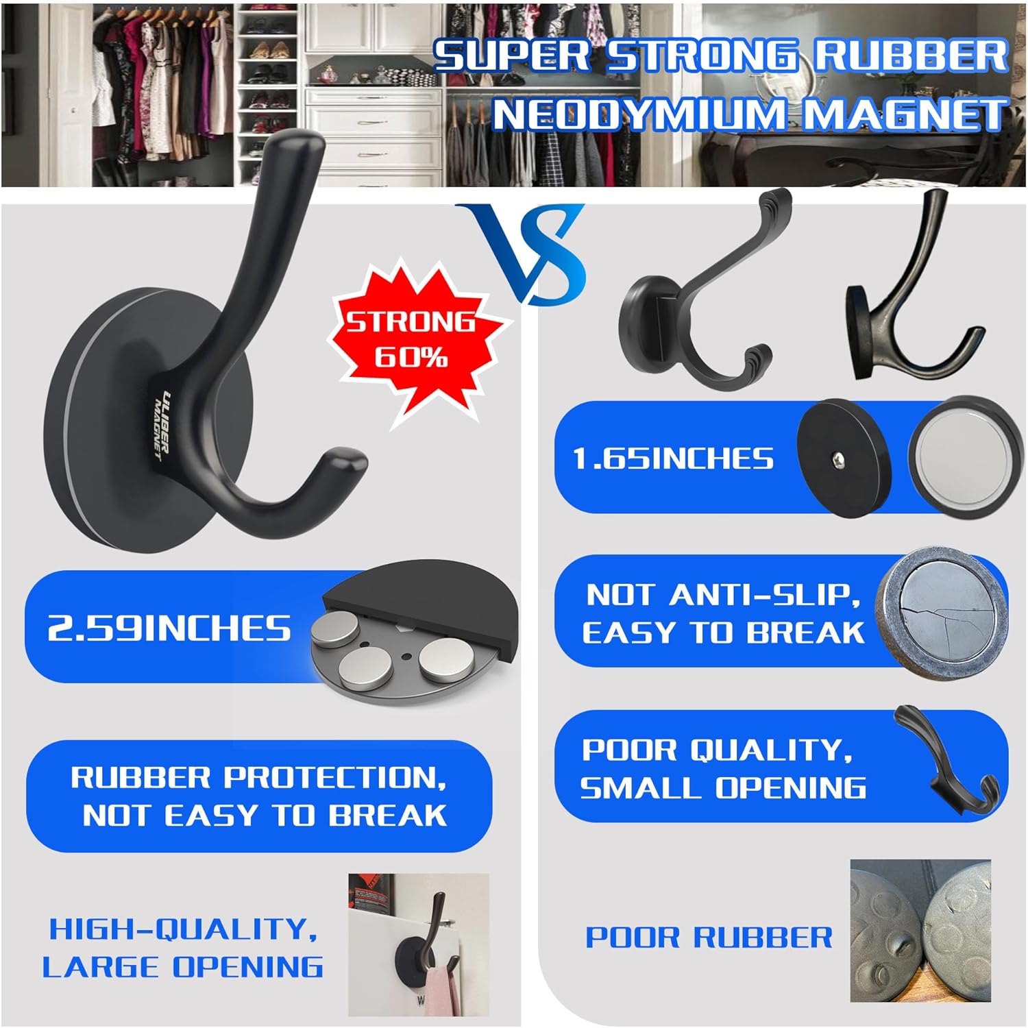 ULIBERMAGNET Heavy Duty Magnetic Double Hooks - Sturdy Coat & Towel Holders, 2 Pack (Black)