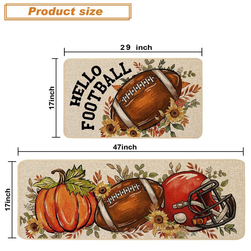 Baccessor Fall Rugby Pumpkins Kitchen Mats Set of 2,Autumn Football Pumpkins Helmet Low-Profile Non Slip Absorbent Kitchen Mat Rugs for Floor Farmhouse Thanksgiving Home Decor 17x29 and 17x47 Inch