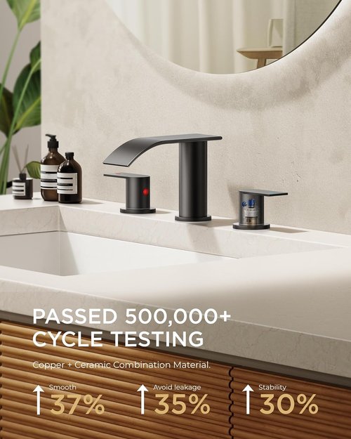 FORIOUS Black Square Bathroom Faucet - Stylish Waterfall Design with Metal Pop-Up Drain & Two Handles
