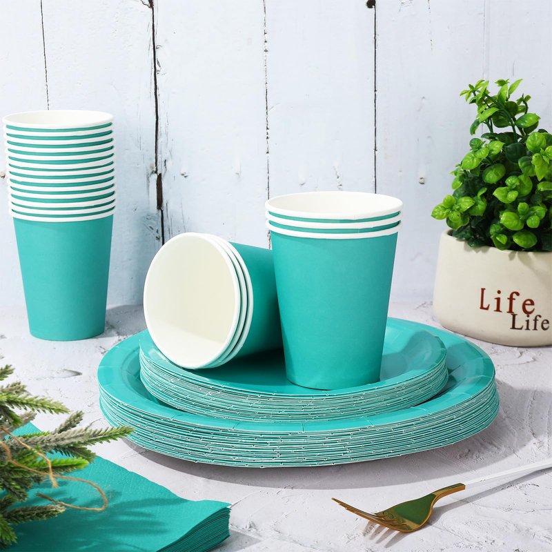 Whaline 100Pcs Teal Tableware Set Teal Blue Disposable Dinnerware 50Pcs Paper Plate 25Pcs Napkin 25Pcs Cup for Birthday Wedding Baby Shower Family Picnic Party Supplies Table Decor