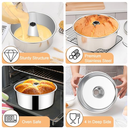 LIANYU Angel Food Cake Pan Set of 2, 10 Inch Tube Pan for Baking Pound Cake, Deep Chiffon Mold with Stainless Steel Core, Mirror Finished, Easy to Release, Dishwasher Safe