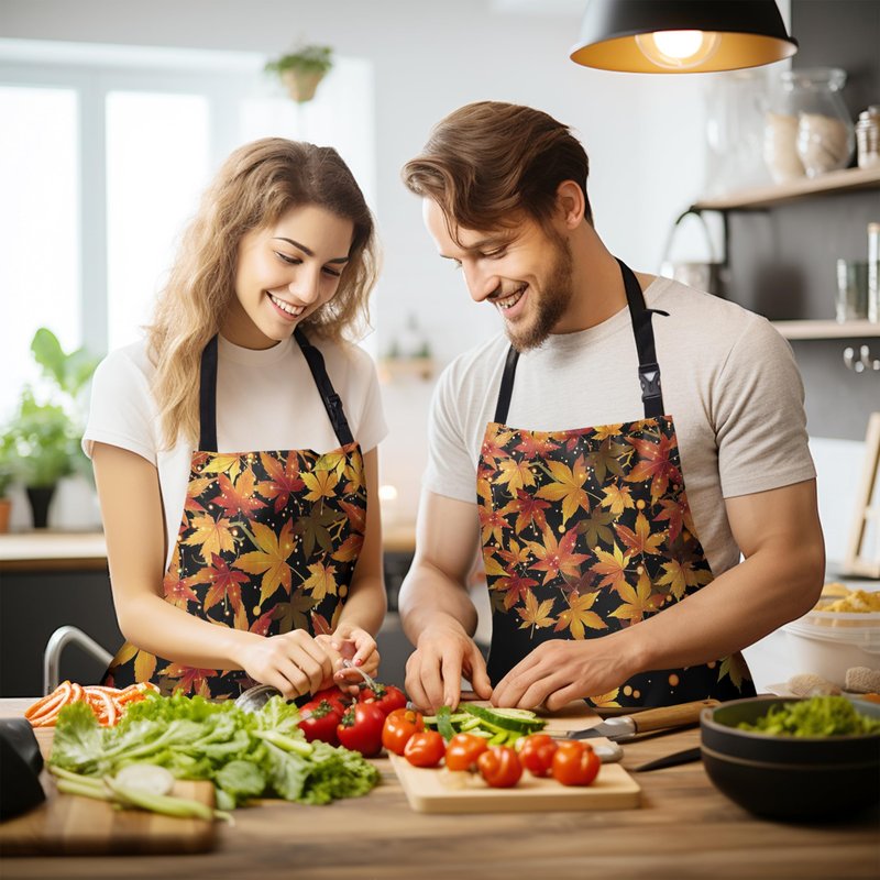 Kwlegh Fall Aprons for Adults Women Men Golden Red Maple Leaves Apron with Pockets Adjustable Strap Kitchen Chef Apron Black Cooking Apron for Cooking Barbecue Crafting Sewing