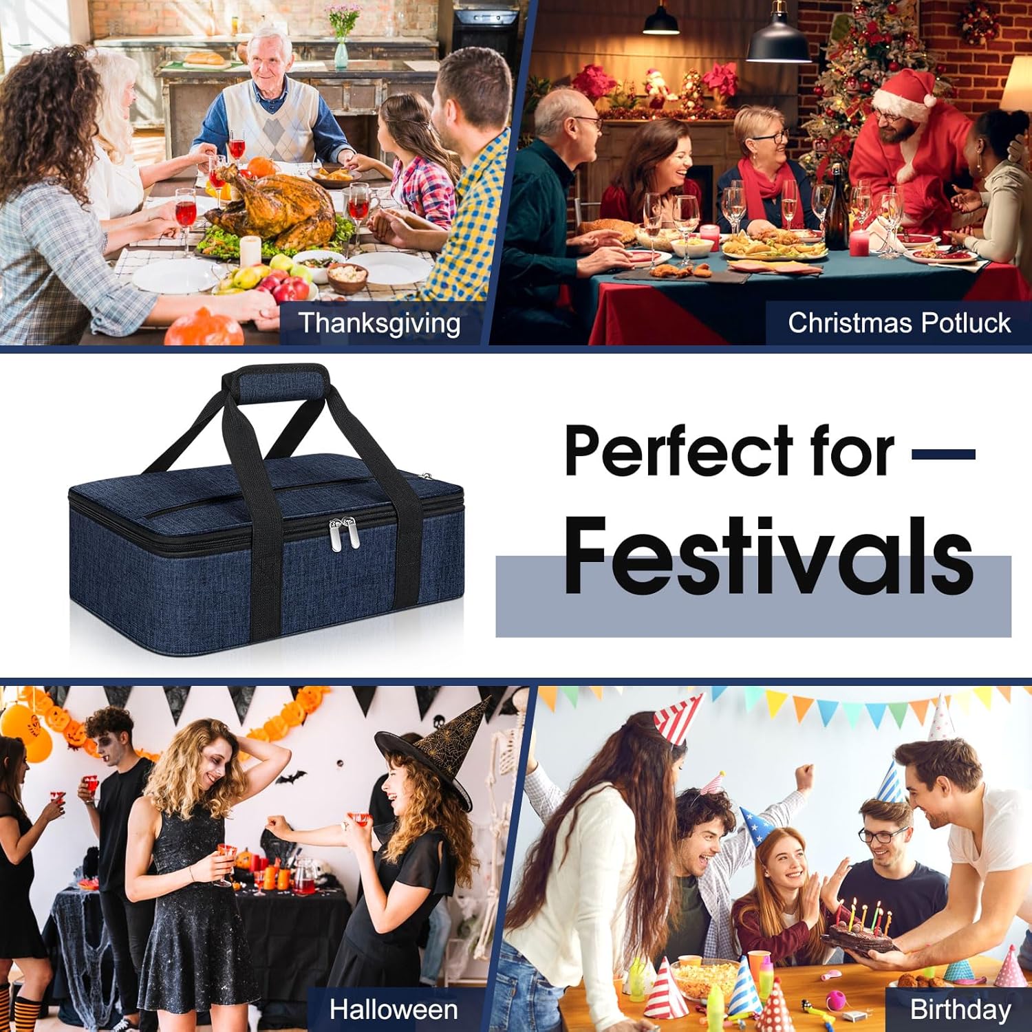 Skiennix Insulated Casserole Carrier - Portable Lunch Tote for Hot/Cold Food | Fits 9" x 13" Dish - Navy Blue