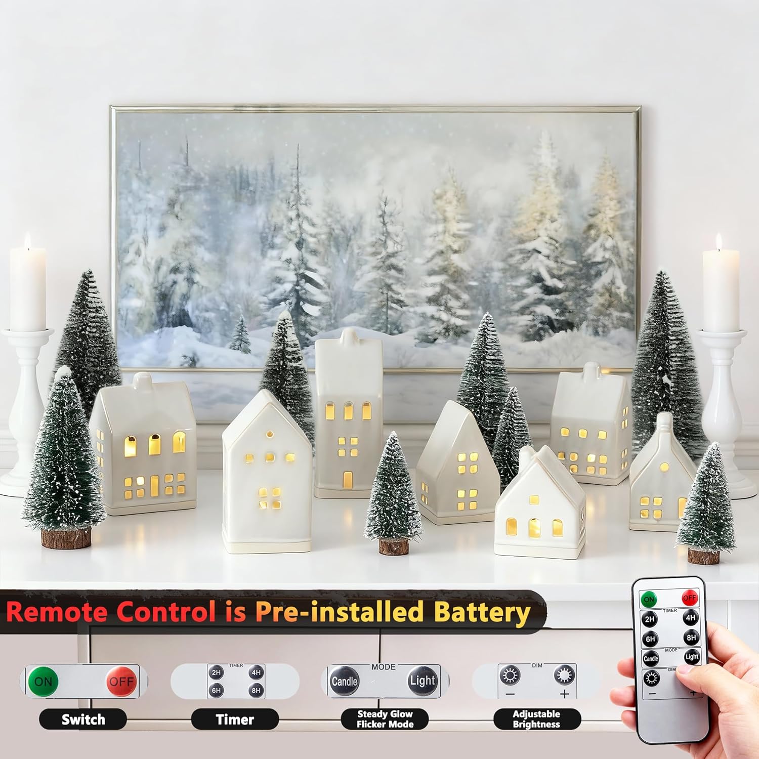 Skiennix Christmas Village Set - 7 White Ceramic Houses with LED Tea Lights & Mini Trees | Festive Indoor Decor for Fireplace & Tabletop