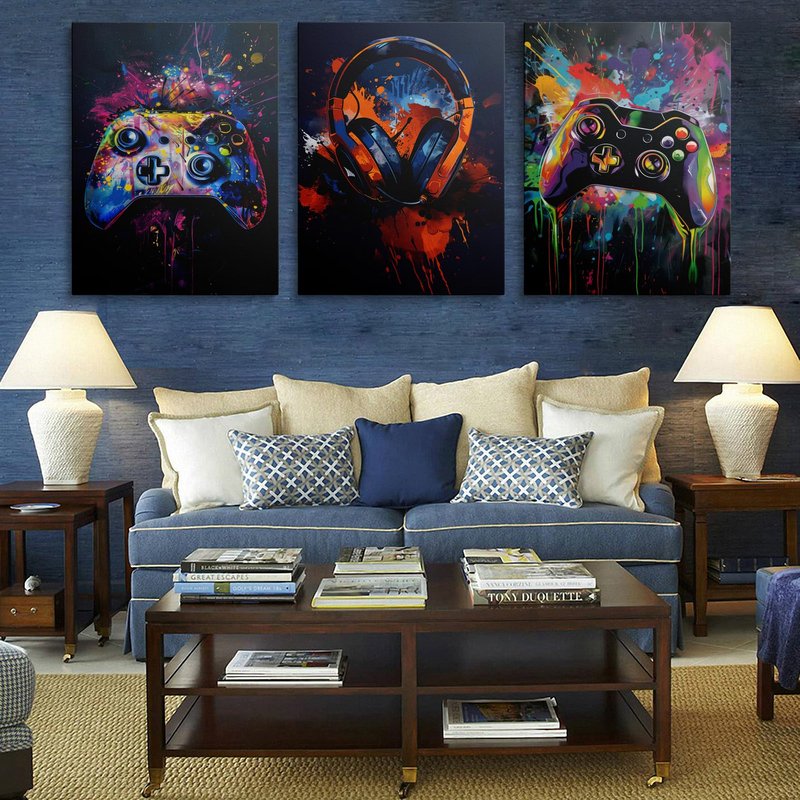 Stylish Gaming Room Decor For Boys - Cool 3pc Canvas Wall Art With Graffiti & Neon Vibes - Perfect Gamer Wall Decor For Teens, Men & Gamers - Awesome Gifts For Bedroom, Desk Or Bathroom Ready To Hang (16"x24"x3PCS)