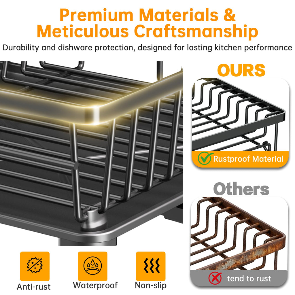 IMXSUMDA Dish Drying Rack, 2 Tier Dish Racks for Kitchen Counter, Compact Drying Rack Kitchen, Rust-Resistant Dish Drainer, Detachable Space-Saving Dish Rack with Drainboard, Utensil Holder, Black