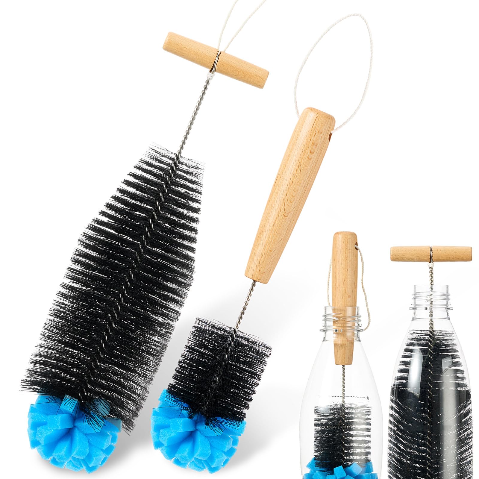 Mimorou 2 Pack Sponge Bottle Brush Compatible with SodaStream, Soda Bottle Cleaner Brush with Gentle & Anti-Scratch Bristles, Wood Handle for Glassware Cleaning, Black
