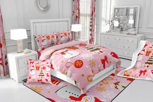 Pink Christmas Bed Sets Kawaii Xmas Tree Duvet Cover For Kids Boys Girls Winter Magic Snowflake Bedding Set Cute Snowman Comforter Cover Xmas Hats Girly Christmas Ornaments Bedroom Decor,3Pcs King