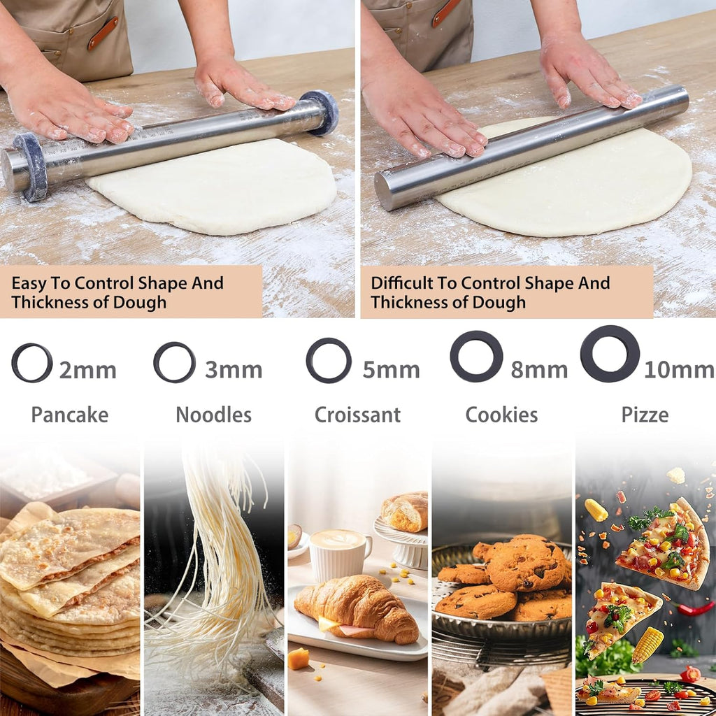 Skiennix Adjustable Rolling Pin - Non-Stick Stainless Steel Dough Roller with Thickness Rings | 17.5" Grey