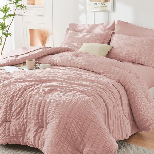 HYMOKEGE King Size Comforter Set - Luxury Rose Gold Seersucker 7-Piece Bedding Set | All-Season Comfort