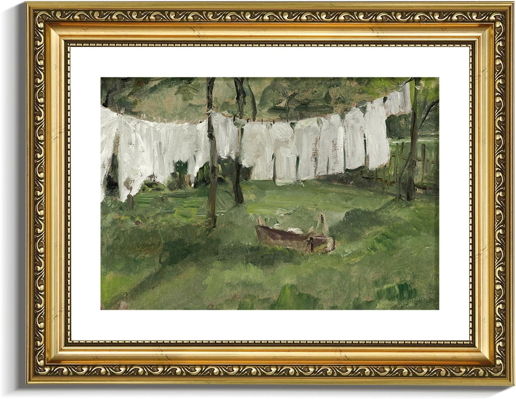 VIYYIEA Gold Framed Canvas Print - Vintage Laundry Room Art | Antique Green Landscape 11x14in