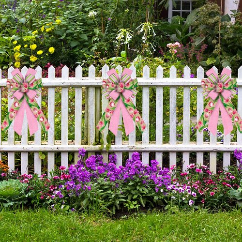 Hying Large Flower Bow - Spring Tulip Design in Pink Stripes | Perfect for Easter Wreaths & Front Door Decor