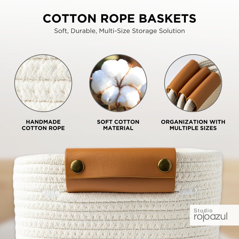 Rope Storage Basket with Leather Handles - Stylish Nursery Storage Bins - Multipurpose Woven Rope Basket - Durable Cotton Organizer - Perfect Gifts for Kids' Room - Small Woven Basket - 3 Sizes