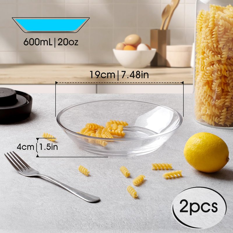 NUTRIUPS Small Glass Pasta Bowl 2 Pack, 20oz Glass Plate Bowls for Soup, Salad and Dessert, Microwave,Oven and Dishwasher Safe, 7 Inch (POUGINE Set)