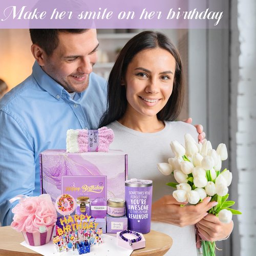 Birthday Gifts for Women, Happy Birthday Relaxing Spa Gifts Basket for Women, Purple Gift Box Set for Mom Sister Female Friends Wife Girlfriend Daughter, Unique Gifts for Female Who Have Everything