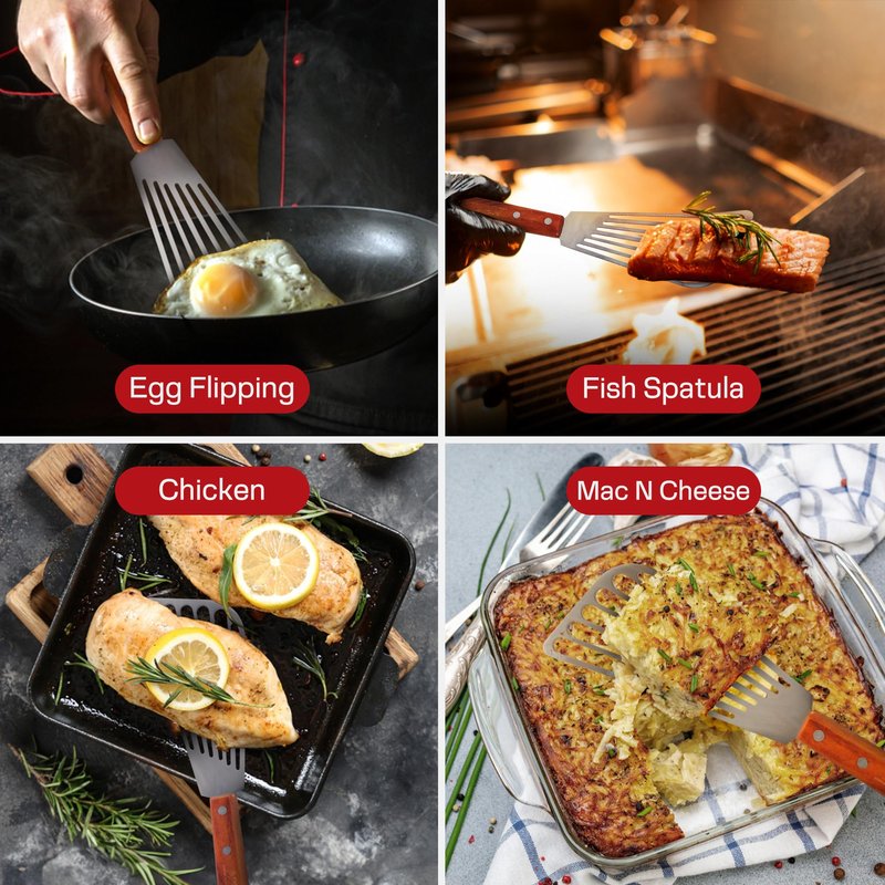 Fish Spatula Stainless Steel 2 Slotted Fish Spatulas for Nonstick Cookware - Elegant Silver Finish Turner Spatula with Ergonomic Wooden Grip Size 11” Blade Ideal for Home and Professional Chefs
