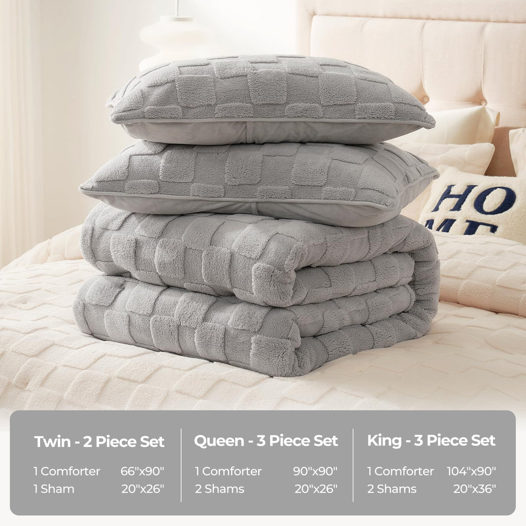 Cozy Bliss Fluffy Queen Size Comforter Set Grey, Farmhouse Jacquard Checkered Sherpa Bed Set, Ultra Soft Thick Bedding Set for Winter, 3 Pieces, 1 Fuzzy Comforter & 2 Pillow Shams
